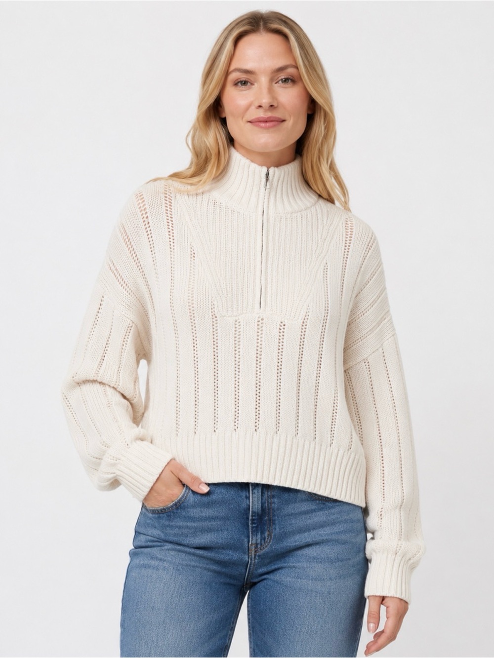a new day Cream Half-Zip Mock Neck Open-Knit Sweater
